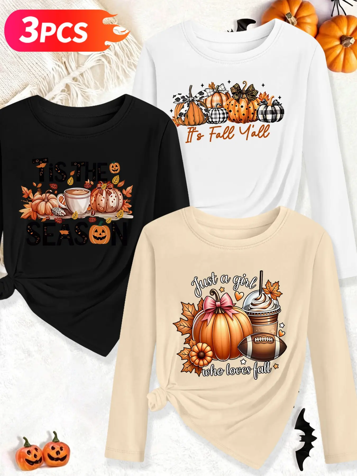 3‑Pack Women Crew Neck Long Sleeve T‑Shirts, Fall Season Pumpkin Football Print As Picture, Multi‑Color, Machine Washable, Spring & Fall Tops, Soft Skin‑Friendly Fabric, Daily Versatile Outfit, Casual, Trendy Design