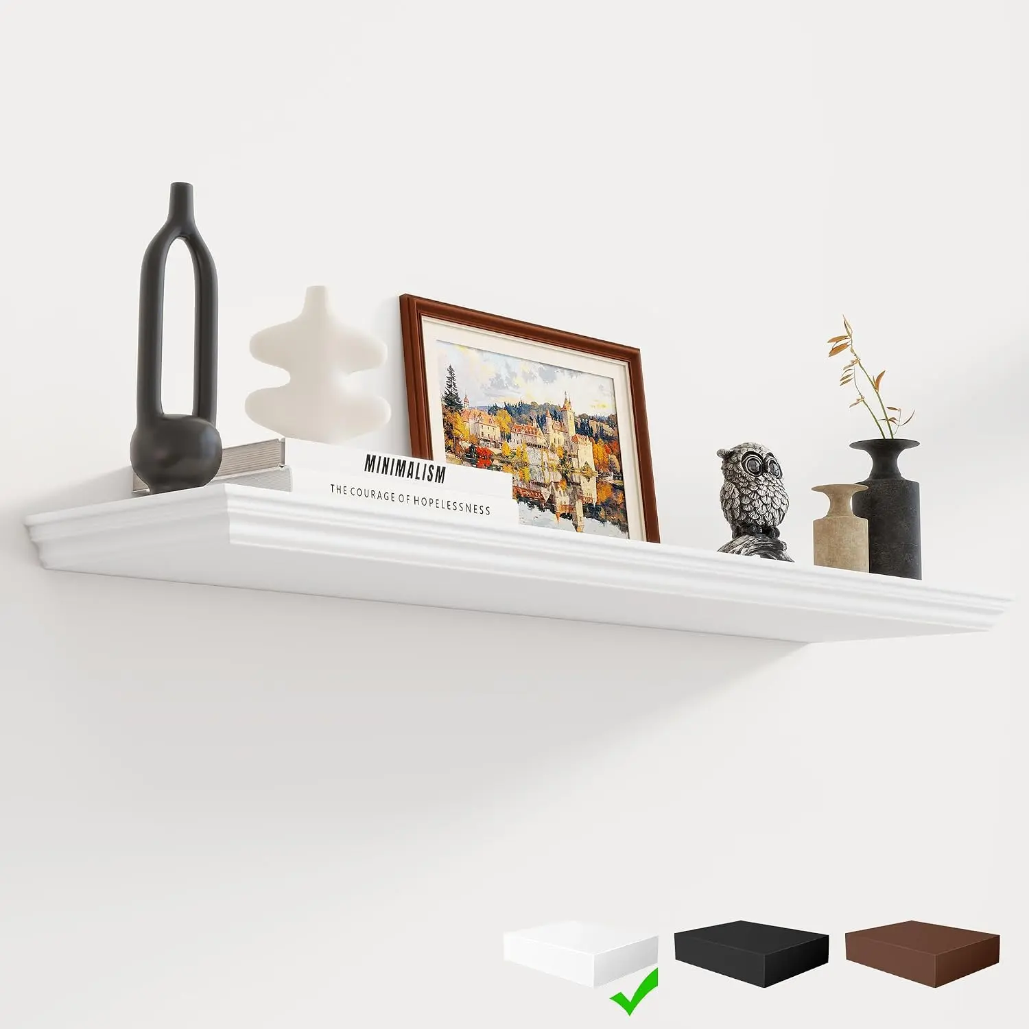 Floating Shelves 40 Inch Long, 9.3 Inch Deep Classic Crown Molding Floating Shelves for Wall, Rustic Wooden Shelves for Wall Decor Bathroom, Kitchen, Office, (White, 1Pack)