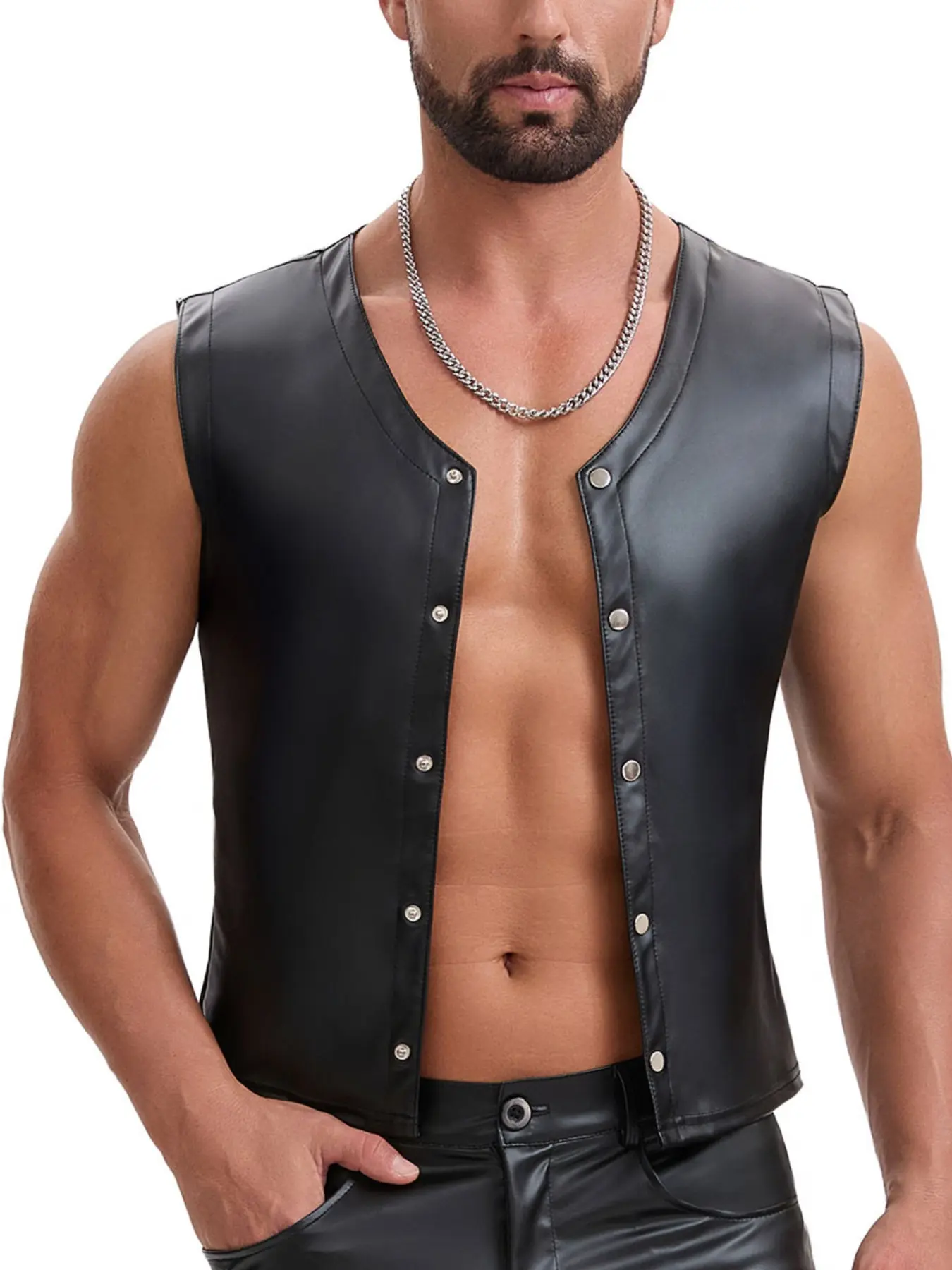 Men's Sleeveless Slim Fit Vest, V-Neck Single Button Punk Top, Motorcycle Style, European and American Fashion, Blouse/ Shirt, Menswear
