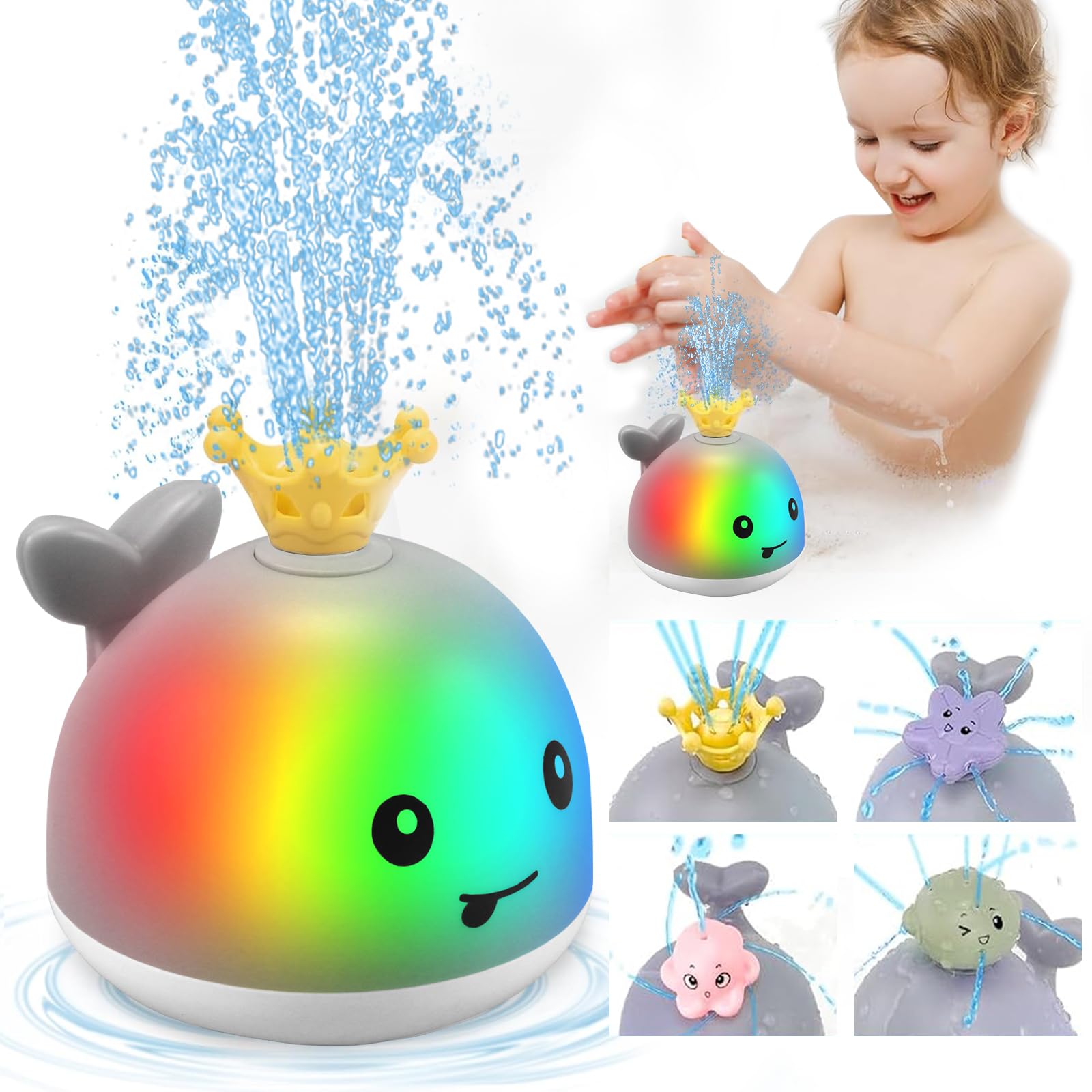Electric Sensory Water Whale Bath Toy with Lights, USB Rechargeable Battery Included, Summer Bathroom Playtime Fun for Kids