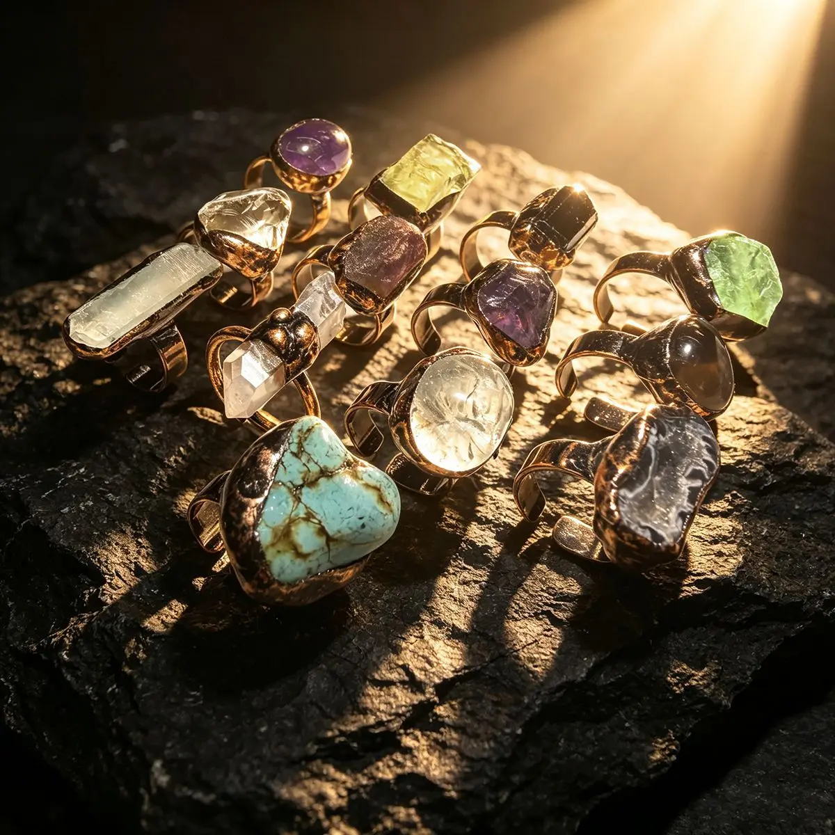 Multicolor Gems Rainbow Crystal Ring - Natural Stone Unisex Meditation Aid Jewelry for Anxiety, Summervibes