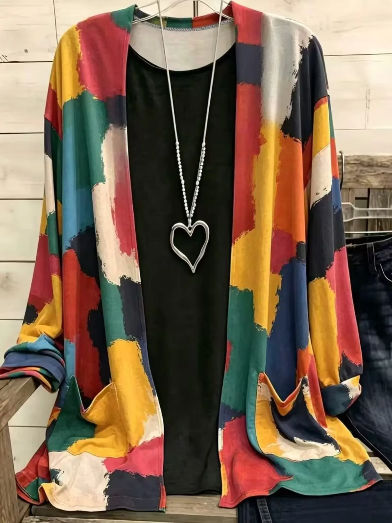 Plus Size Colorful Abstract Print Open-Front Cardigan Casual Long-Sleeve Loose Outerwear, Lightweight Soft Fabric, Trendy Vibrant Tops, Relaxed Fit Casual Ensembles, Stylish Artistic Pattern Detail Party Casual Wear, Clothes