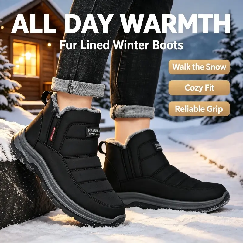 Winter Snow Boots Men's Plush Warm Ankle Boots Snow Sports Comfort Flat Shoes