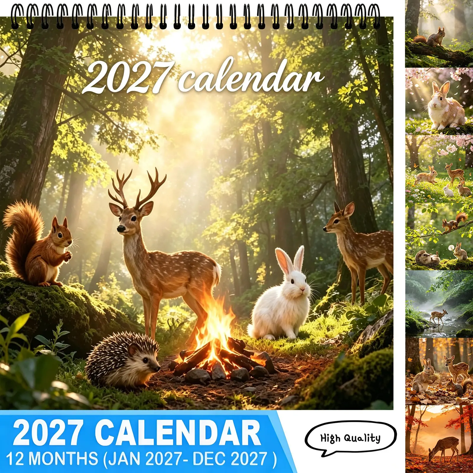 2027 Forest Animal Calendar 12 Months Jan-Dec Cute Deer Squirrel Rabbit Hedgehog Nature Scenery High Quality Desk Calendar Home Office Decor