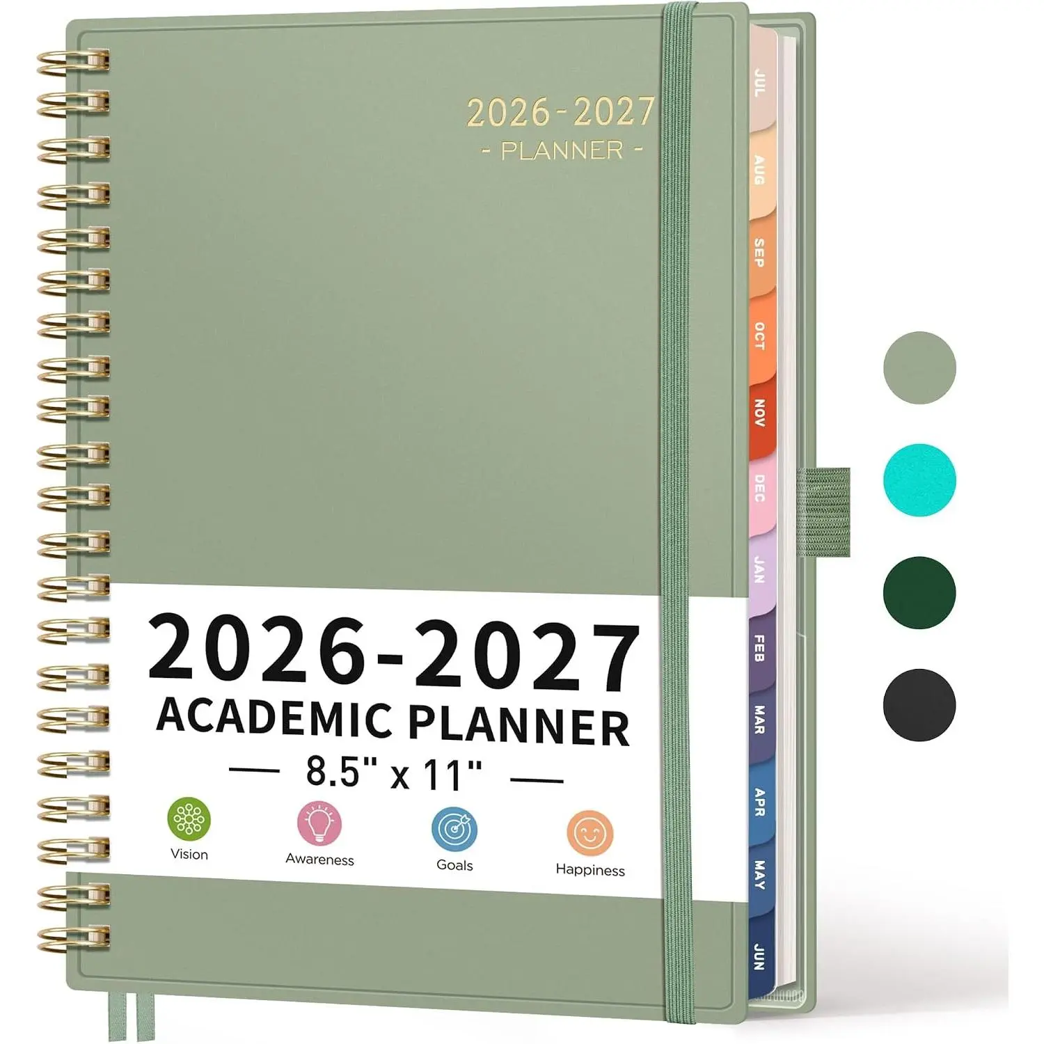 Academic Planner 2026-2027, Weekly and Monthly, July 2026 - June 2027, Large Size (8.5" x 11"), Calendar, Agenda, 12-Month Tabs, for Student, Teacher, School (Light Green)