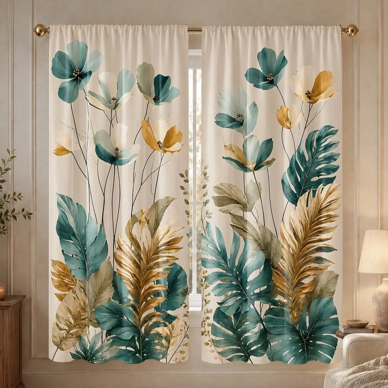2-Piece Floral Leaf Print Curtain Set, Elegant Room Window Curtains for Living Room and Bedroom Decor, Stylish Home Decoration