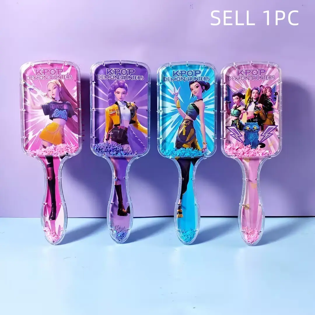 Korean style Cartoon Design Detangling Brush Comb,Hair Brush for Girls,Long Handle Sandfall Styling Brush High-Quality Comb for Women Use in Wet and Dry Hair,Glitter Paddle Detangler Comb, Anti Static Massage Hair Styling, Birthday gift for Girls