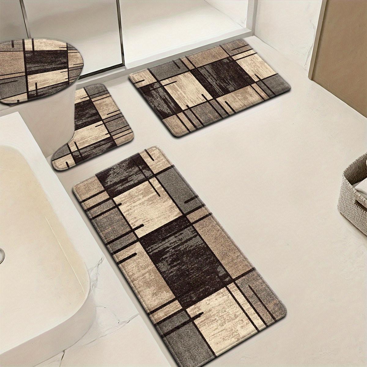 Bathroom Rug Set, Flannel Absorbent Non-Slip Bath Mats, Retro Geometric Grid Design, Washable Floor Mats for Tub, Shower, Toilet, U-Shaped Contour Mat & Lid Cover for Bathroom Decor