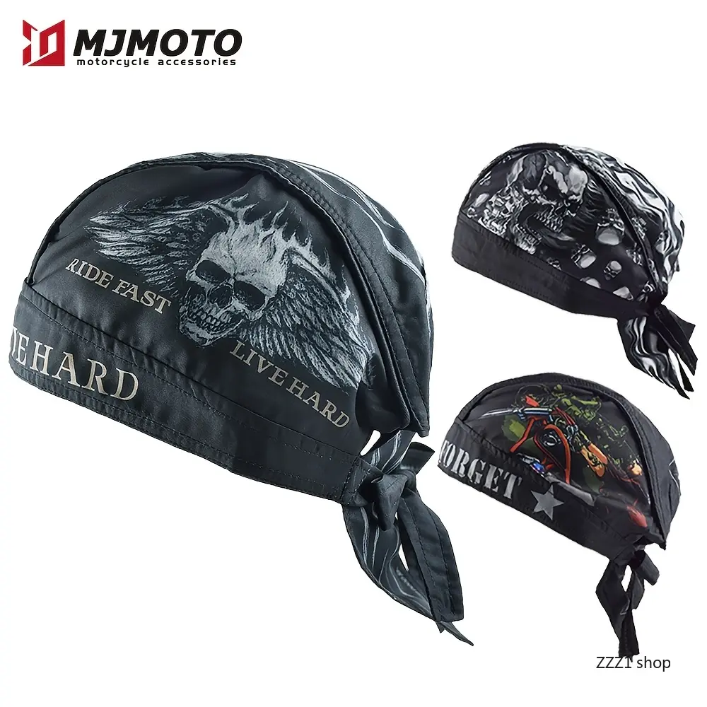 Unisex Adjustable Size Nylon Fabric Motorcycle Skull Cap - Bandana Shape Hip Hop Wear Hat Liner, Skull Print Head Wrap Pirate Scarf (for Sports & Outdoor Camping Hiking Hammock Use)