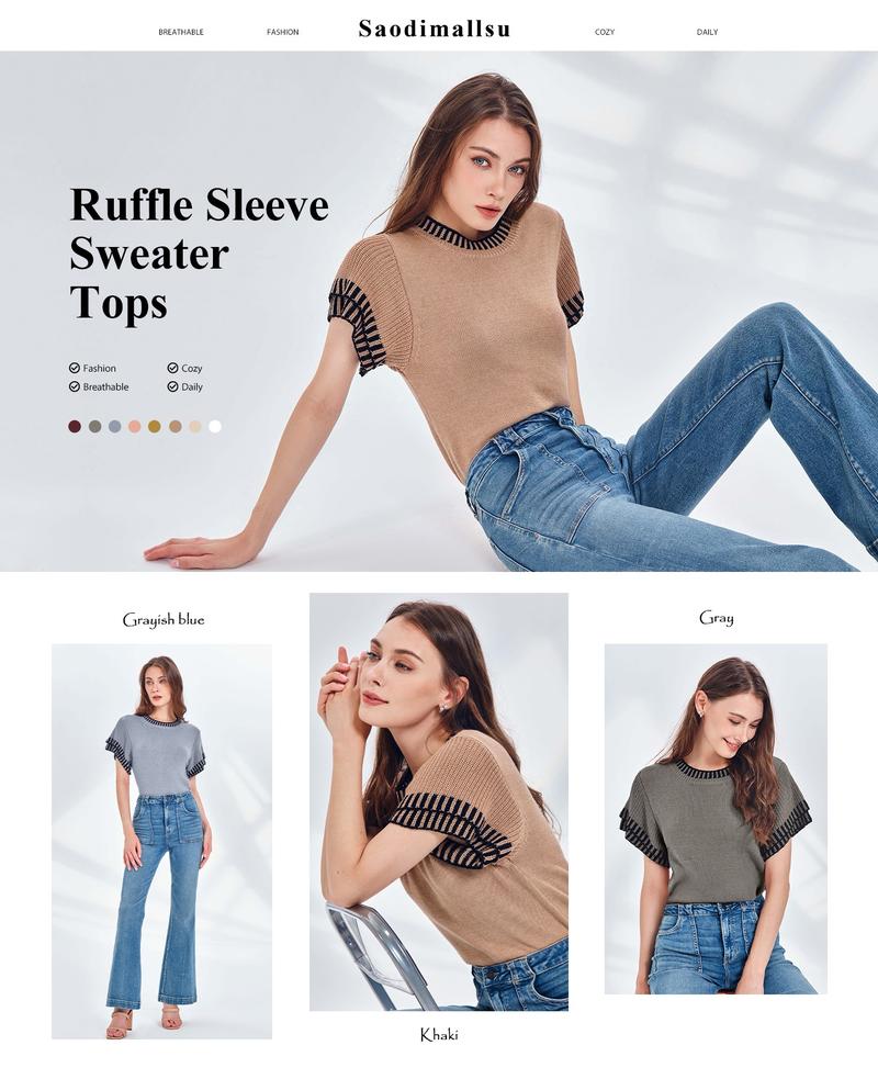 Saodimallsu Womens Short Sleeve Sweaters Tops Summer Ruffle Striped Loose Crew Neck Lightweight Soft Shirts Knit Sweater