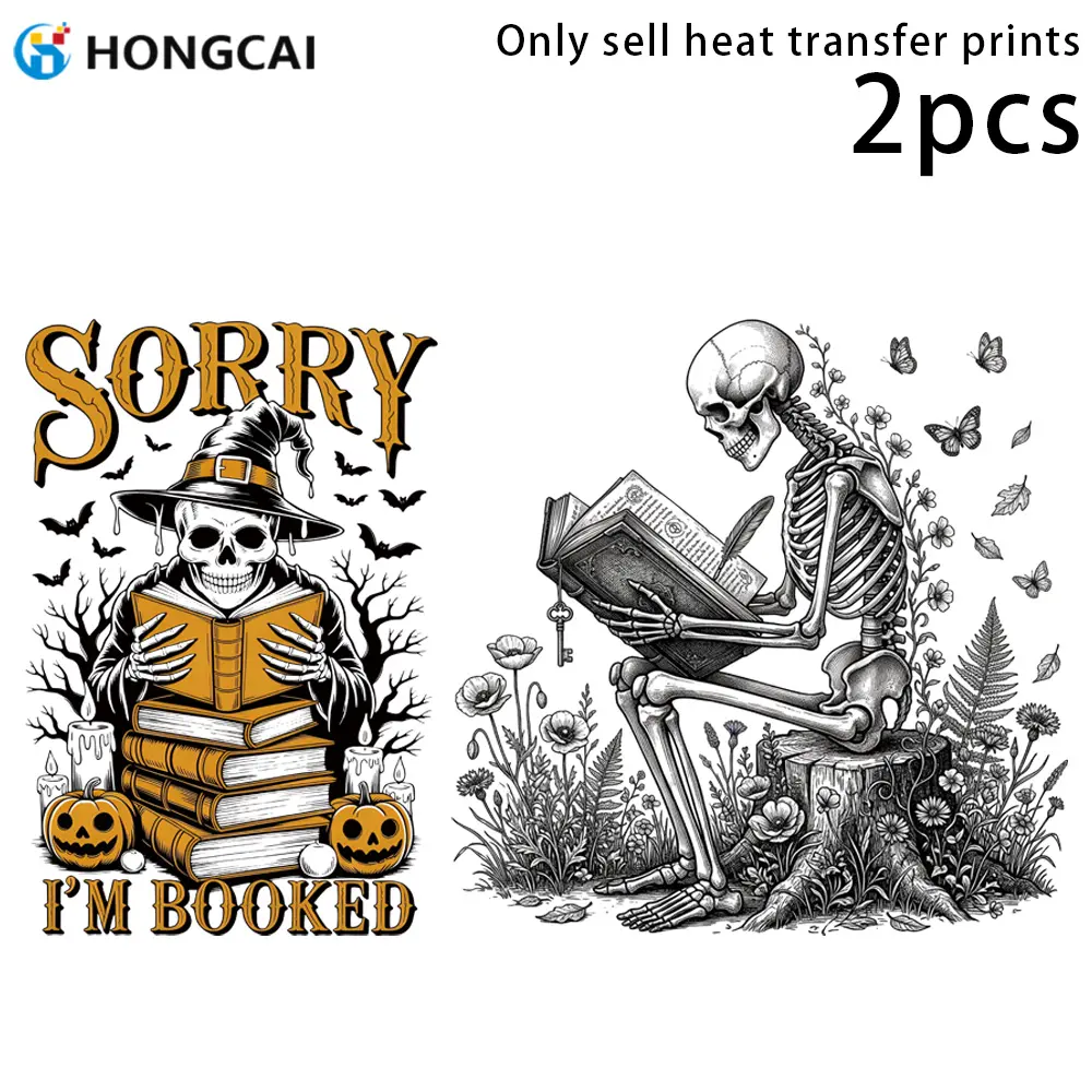 2pcs Halloween Skeleton Reading Book Heat Transfer Stickers, Sorry I'm Booked Humorous Text Iron On Patches for T-shirts Hoodies Canvas Bags DIY Decoration, Washable DTF Transfers Ready to Press