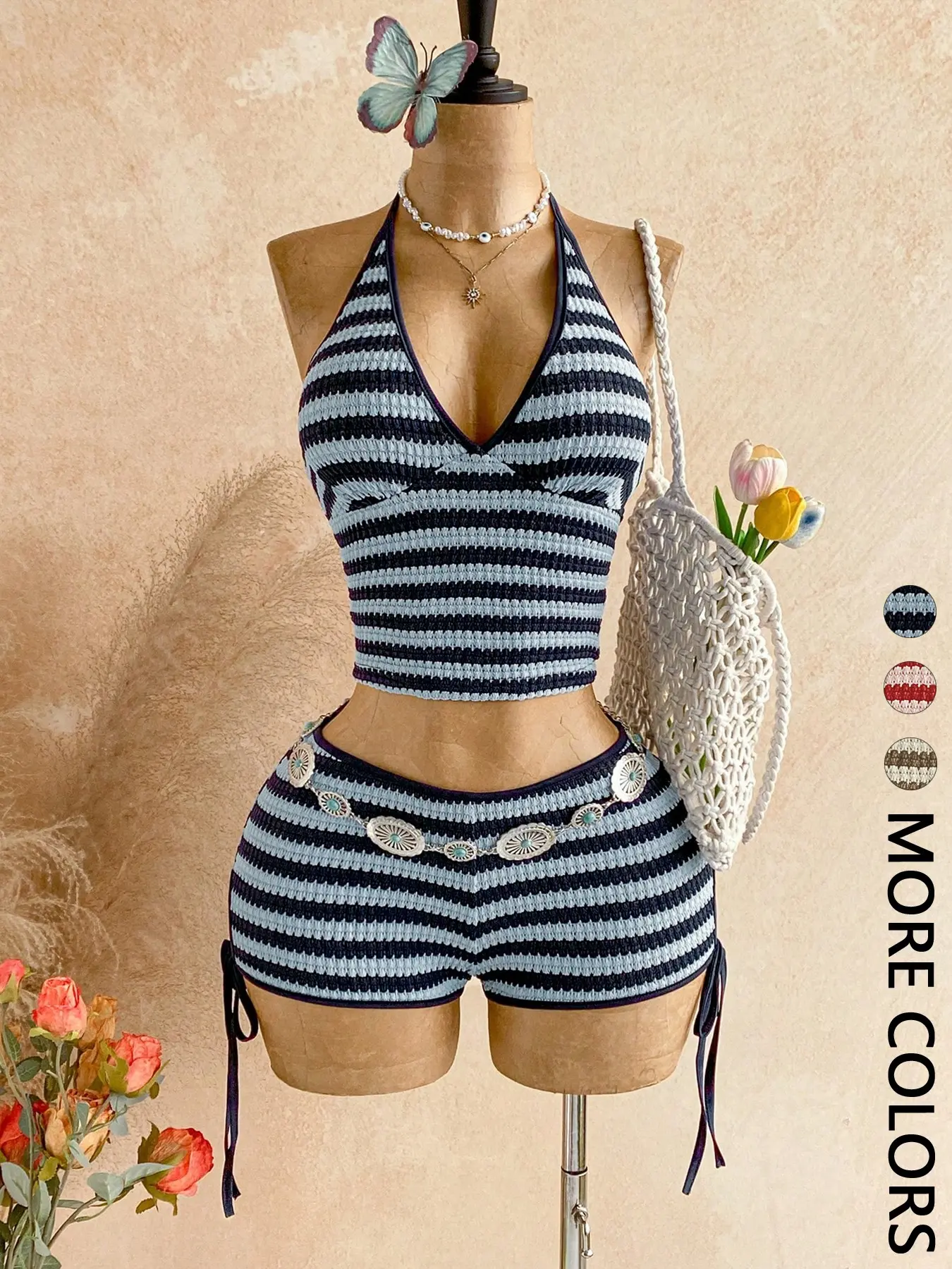 Women's Casual Two-Piece Set, Halter Striped Sleeveless Top + Side Tie Hem Shorts, Comfortable and Stylish for Everyday Wear