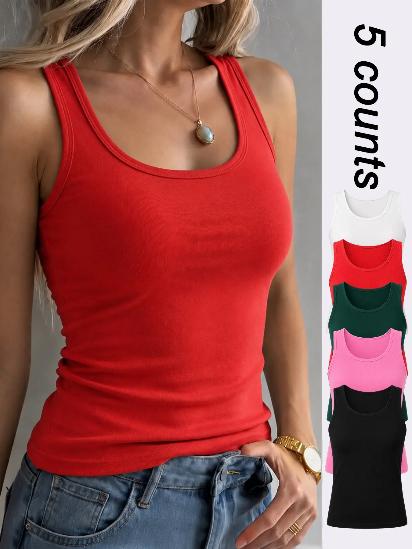 Women's 5 Pack Workout Tank Tops, Sleeveless, Lightweight Cooling Breathable Comfortable 4 Way Stretch Solid Color Scoop Neck Moisture Wicking Quick Dry Fitness Tops for Gym Pilates Outdoor Cycling Running and Beach