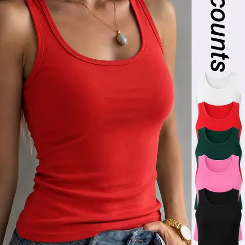 Women's 3/5/7 Pack Workout, Sporty Summer Sleeveless Tank Tops Lightweight Cooling Breathable Comfortable 4 Way Stretch Solid Color Scoop Neck Yoga Tank Tops Moisture Wicking Quick Dry Minimalist Casual Fitness Tops for Gym Pilates Running and Beach