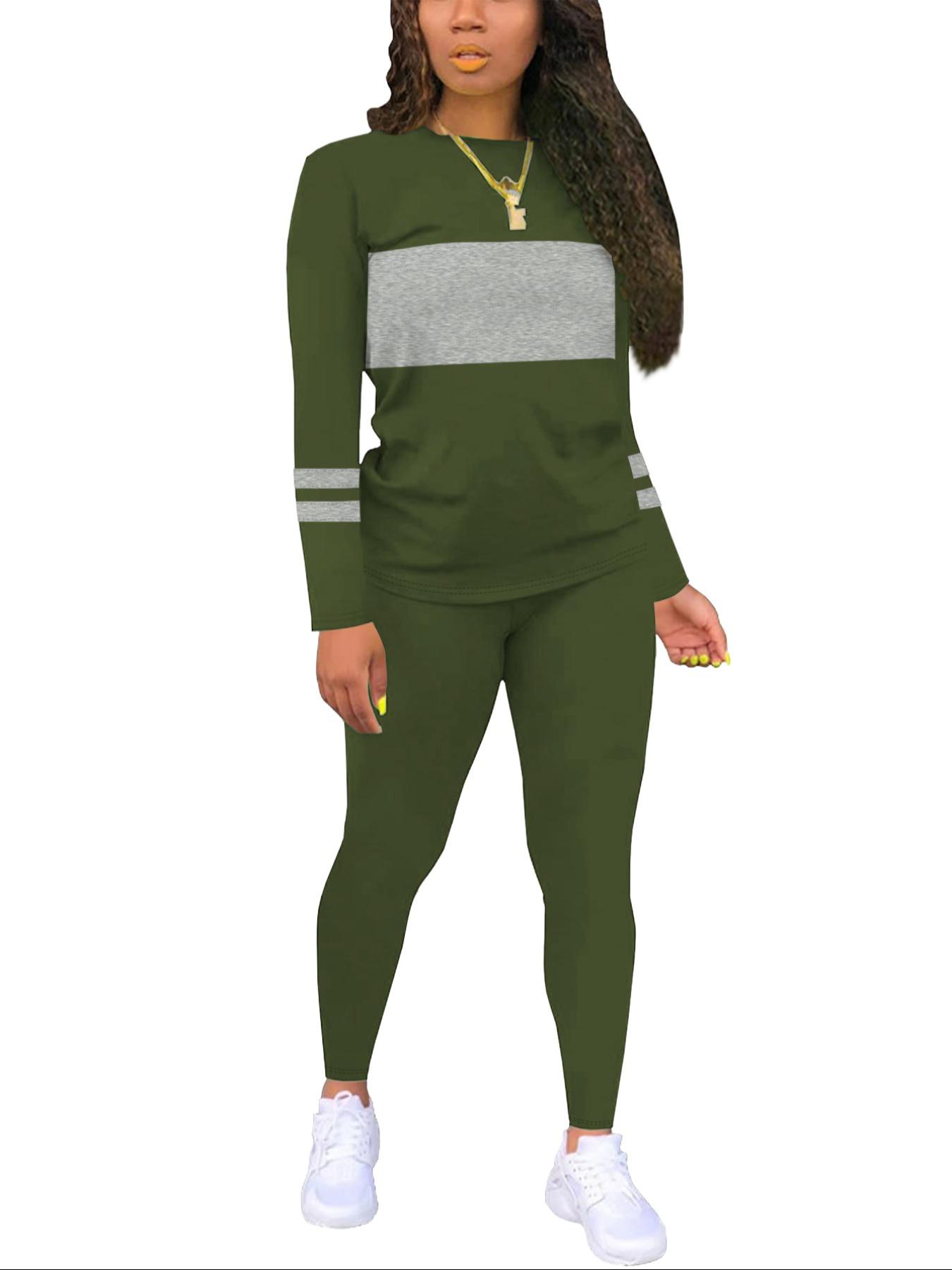 Two-piece Set Women's Colorblock Round Neck Tee & Plain Skinny Pants, Casual Long Sleeve Fitted T-shirt & Trousers for Fall & Winter, Women's Clothes for Daily Wear, Outfit, Womenswear