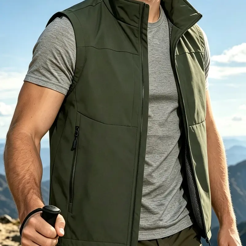 Men's Solid Zip Up Pocket Vest Gilet Jacket, Regular Fit Casual Stand Collar Sleeveless Outerwear for Spring & Fall, Men's Clothes for Daily Wear, Clothing
