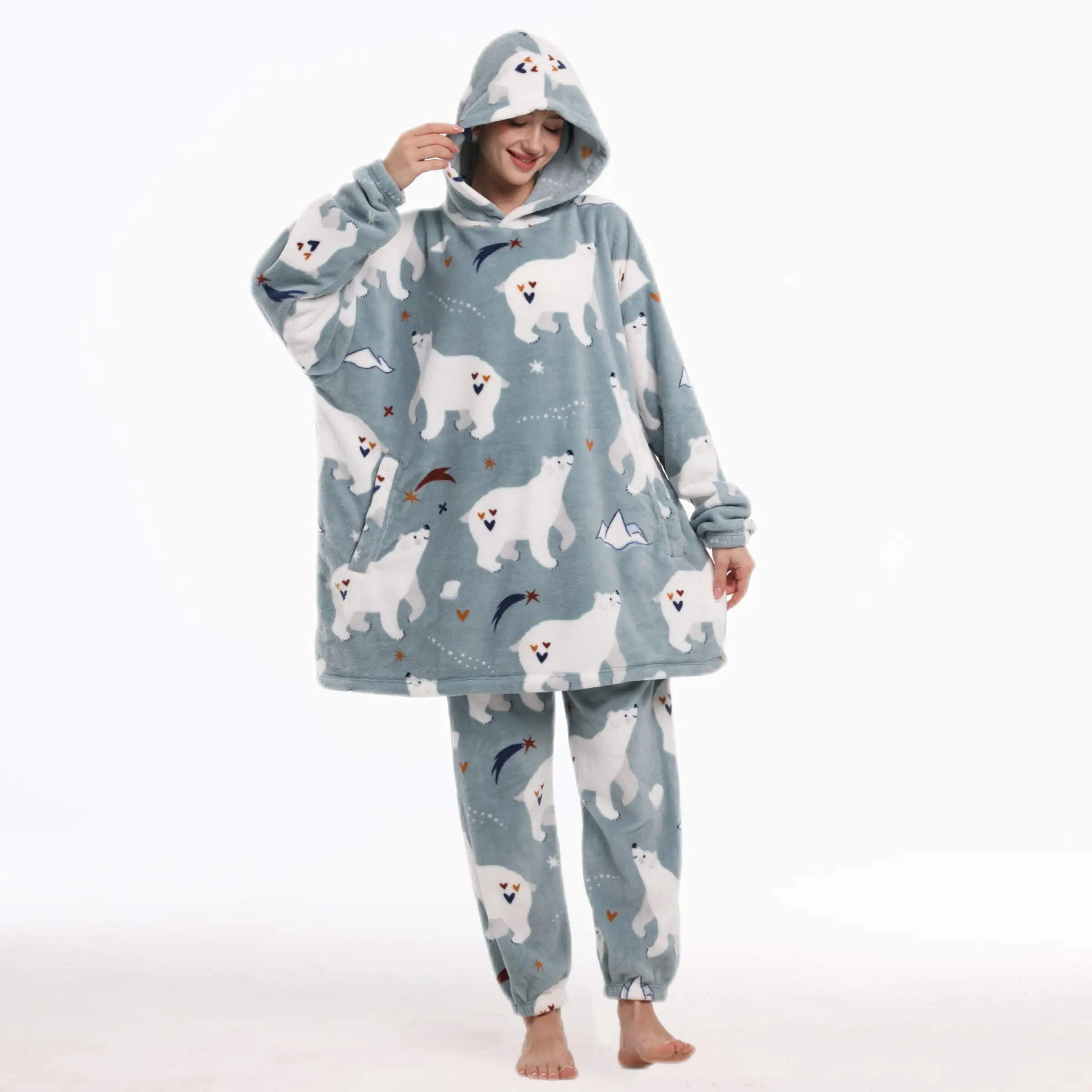 Coral Fleece Polar Bear Print Full Body Wearable Blanket Set, Unisex Loungewear, Hooded Pants with Pockets, Fall Winter
