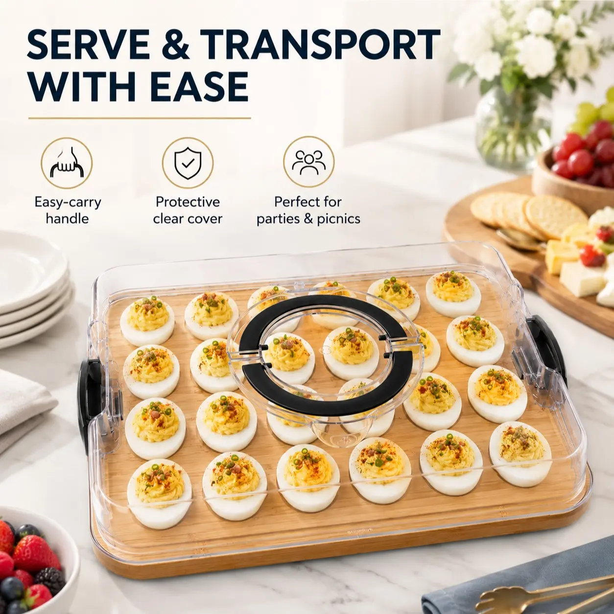 24 Egg Deviled Egg Container with Lid, Bamboo Egg Tray Platter, Wooden Egg Holder with Handle, Reusable Food Storage Tray for Home, Kitchen
