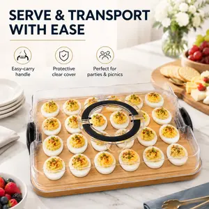 24 Egg Deviled Egg Container with Lid, Bamboo Egg Tray Platter, Wooden Egg Holder with Handle, Reusable Food Storage Tray for Parties