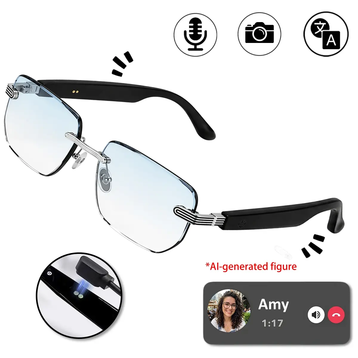  Smart Glasses with AI Translation, Bluetooth Open-Ear Audio, Hands-Free Calls, Voice Assistant, Remote Photo Control, Rimless Blue Gradient Sunglasses, Practical Father’s Day Gift
