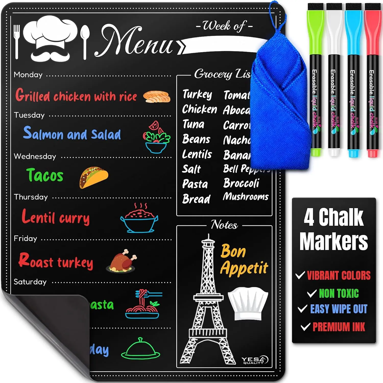 Dry Erase Menu Board for Fridge (16x12) - Weekly Meal Planner Blackboard w/ 4  Chalk Markers & Wiping Cloth - Chalkboard Organizer for Dinner Menus & Grocery Lists by