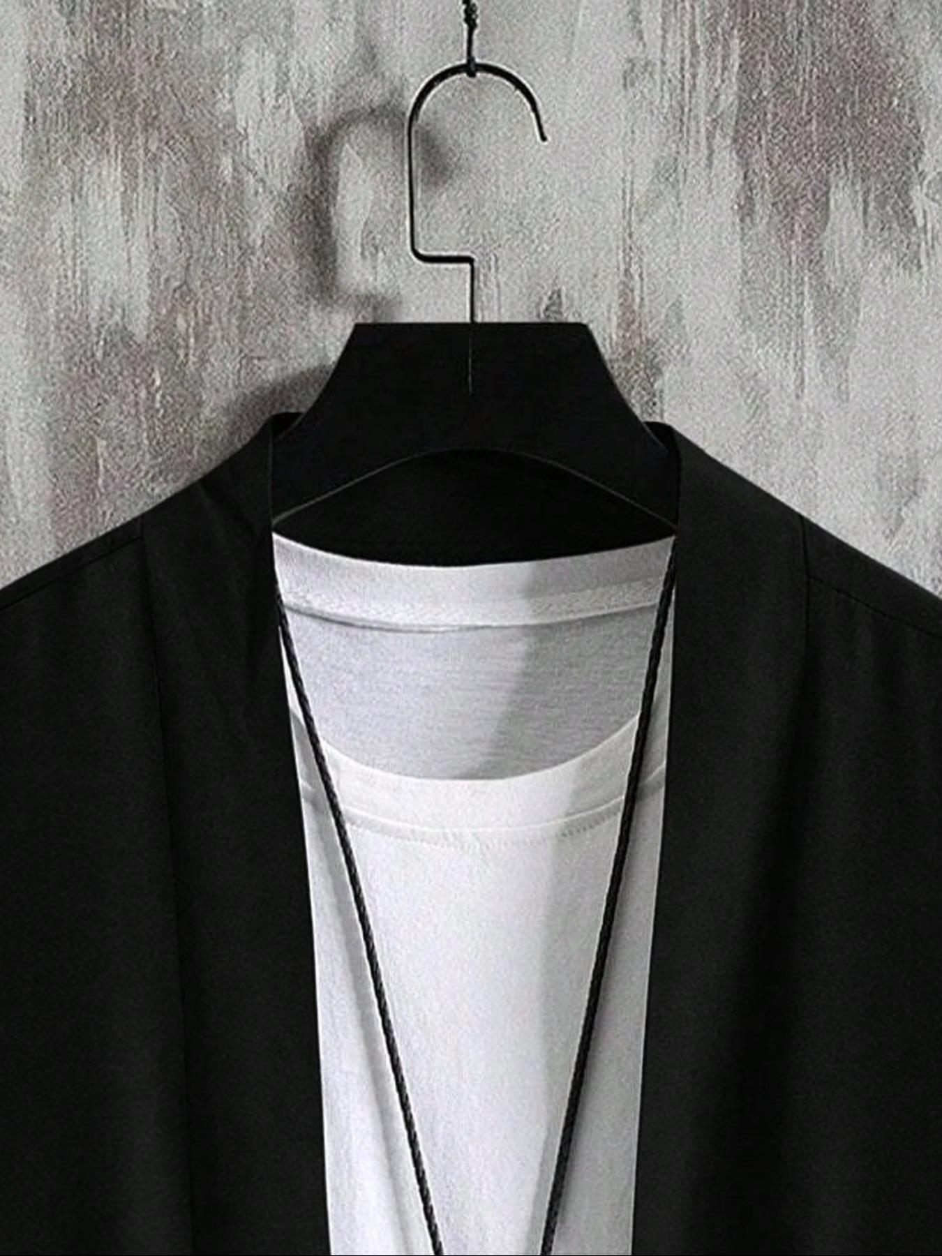 Men's Solid Color Open Front 3/4 Sleeve Loose Plain Shirt, Casual Comfy Top for Daily Wear, Men's Clothes for All Seasons