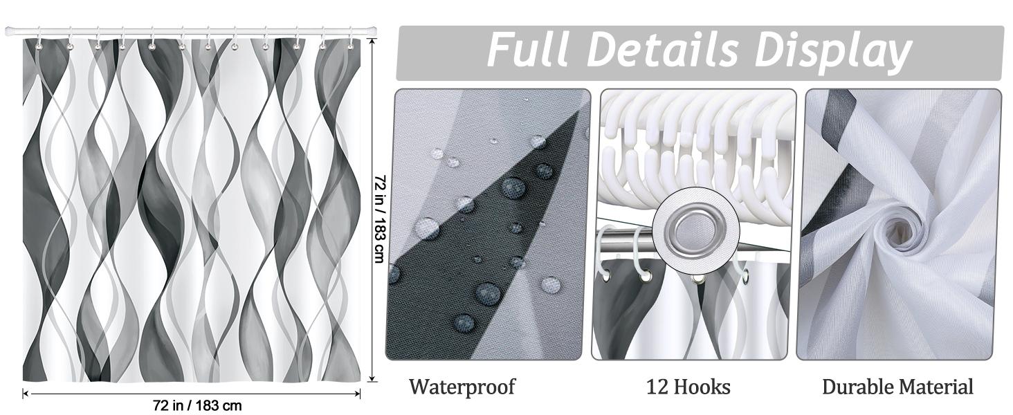Gray Striped Shower Curtain 72x72 Inch, Modern Abstract Wavy Line Bathroom Curtain, Water-Resistant Polyester Fabric Bath Curtain with 12 Hooks, Minimalist Bathroom Decor