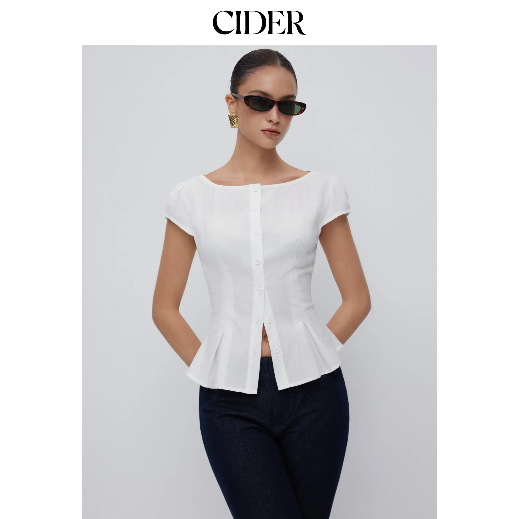 Cider Cotton-blend Textured Boat Neck Puff Sleeve Button Through Peplum Blouse SummerFinds