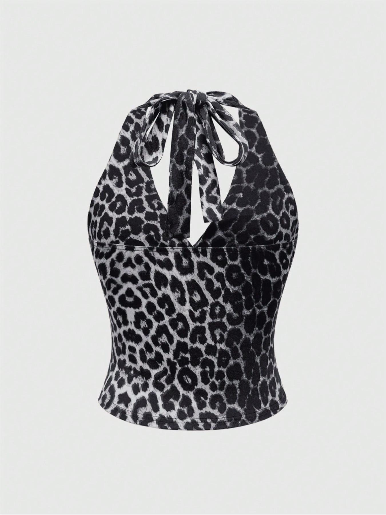 Women's Leopard Print Fitted Tie Back Feature Tank Top, Casual Sleeveless Top for Summer, Ladies Clothes for Daily Wear