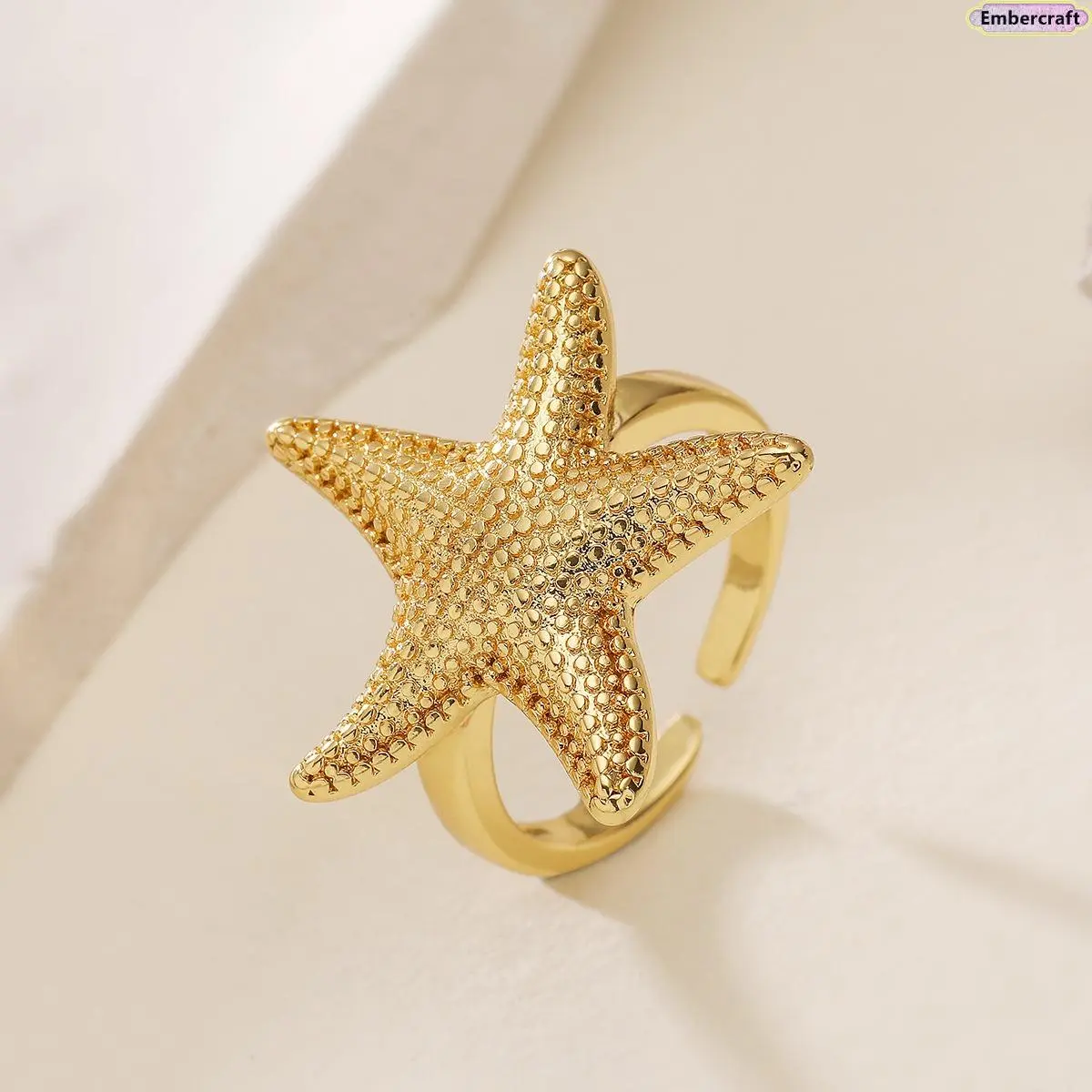 Women's 18K Gold Plated Starfish Open Ring - Minimalist Coastal Beach Statement Fashion Jewelry, Adjustable for Summer Vacation & Daily Wear