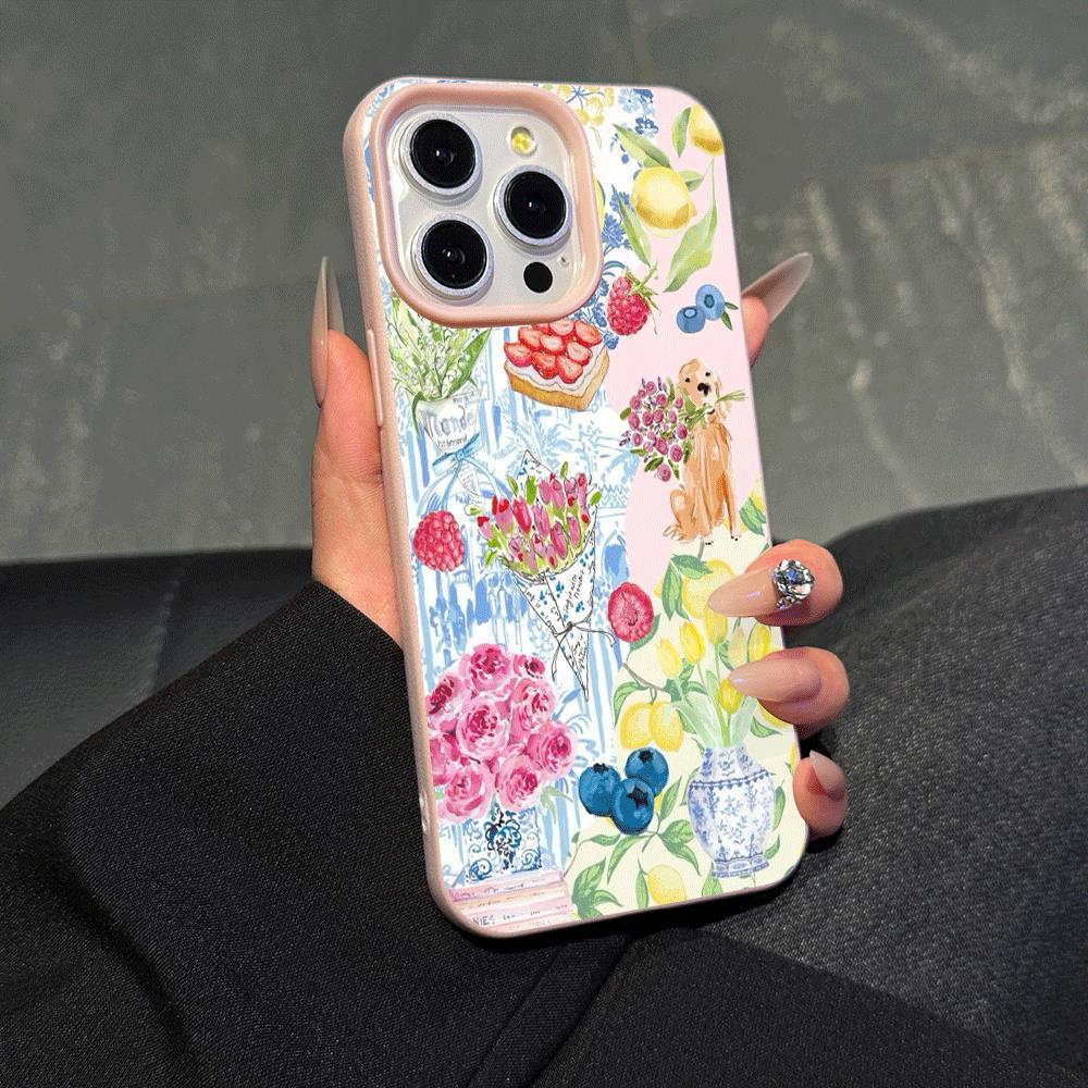 1 piece faux leather texture feel pink with exquisite flowers, strawberry, and puppy pattern phone case, stain-resistant, high-end feeling phone case for iPhone series