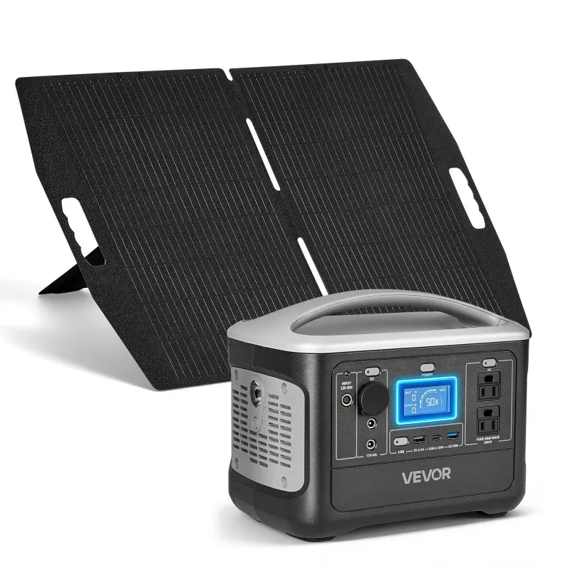 VEVOR m6 Solar Powered Portable Power Station, 600W 493Wh LiFePO4 Battery Backup with 100W Solar Panel, 8 Output Ports, 1 Car Socket, 10-Hour Runtime, 10.83 x 6.89 x 9.06 in, 12.79 lbs, AC Power Supply for RV, Home Emergency, Outdoor Camping
