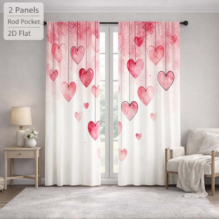 2Pcs Romantic Pink Heart Pattern Sun Blocking Curtains Digital Printed Rod Pocket, Window Treatment For Bedroom Office Kitchen Living Room Study Home Decor