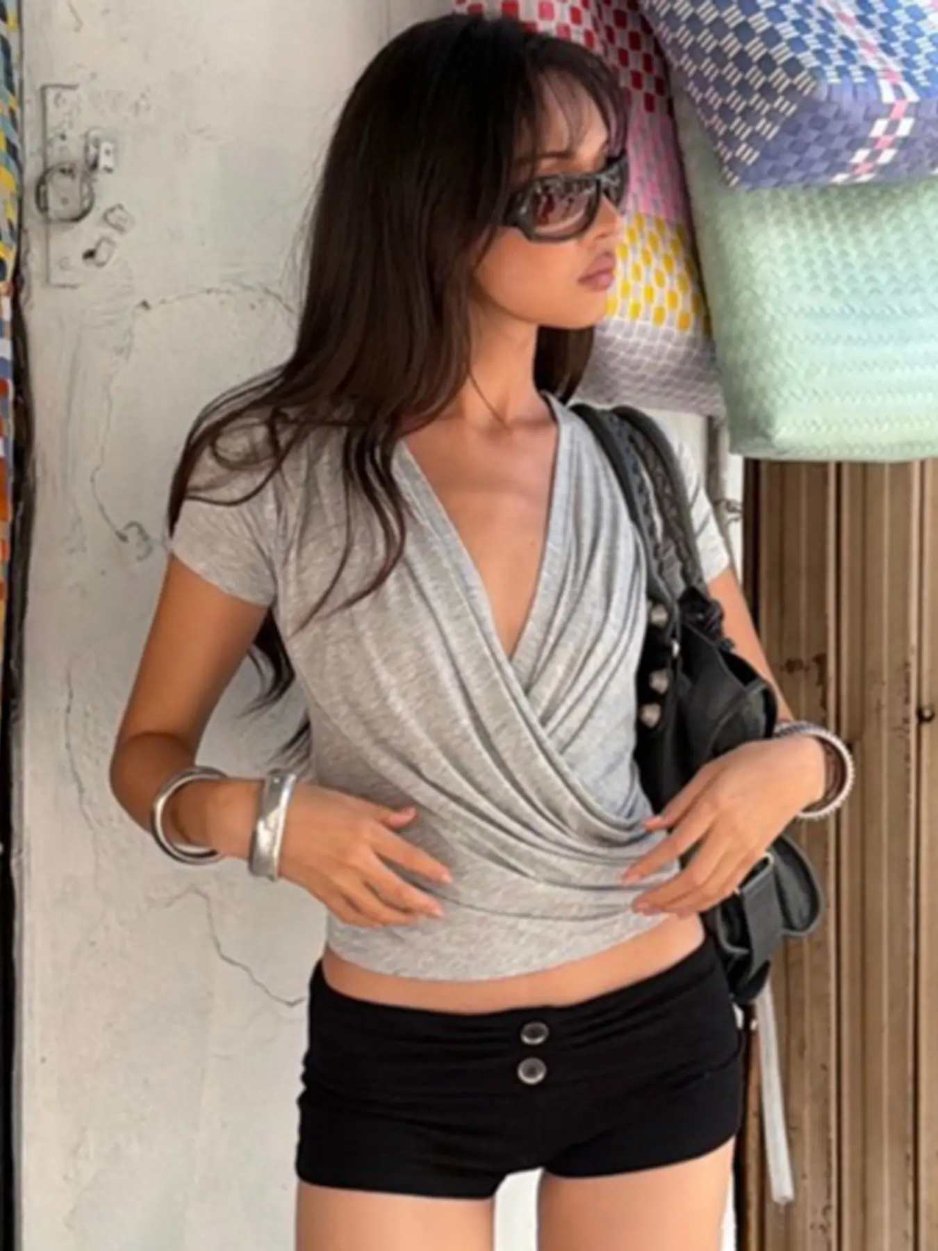 Women's Solid Deep V Neck Short Top, Cross Pleat Design, Casual Vacation Style, Fitted Elegant T-Shirt, Comfortable and Trendy, Pleated, Bodycon Fitted Top