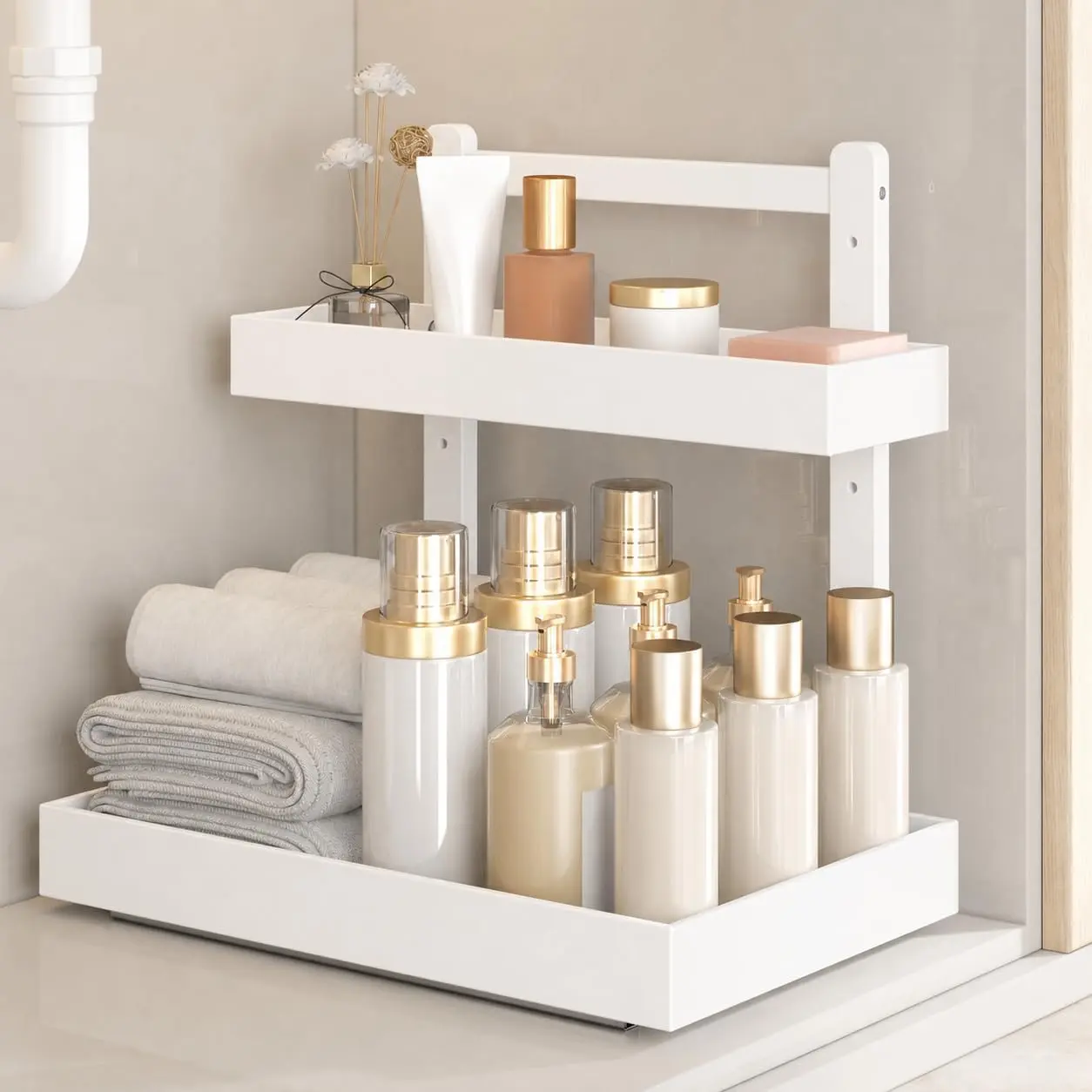 Under Sink Organizer - 1-Tier Pull Out Cabinet Organizer Vertical Slide Out Sink Shelf Storage Shelves for Multi-Purpose Bath Kitchen Bathroom  (White, 1 Pack)