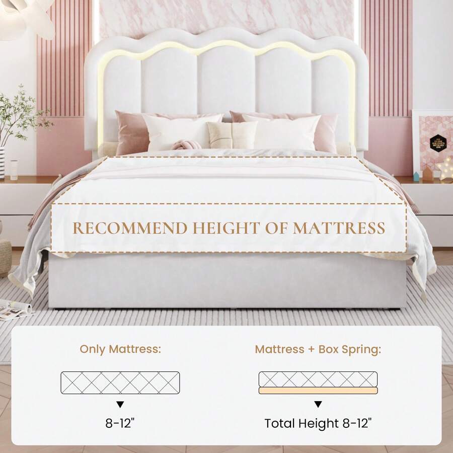 Twin/Full/Queen Upholstered Size Bed Frame With LED Lights, Adjustable Velvet Headboard With Wavy Design, Noise Free, Wooden Slats Platform Bed, Easy Assembly, No Box Spring Needed, White