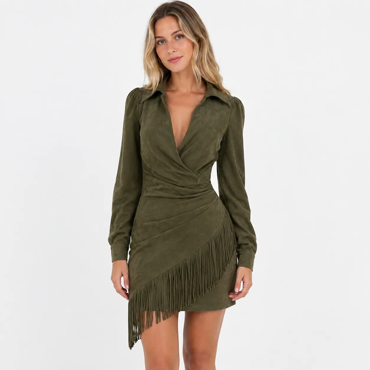 Women's Soft Fuzzy Bodycon Mini Dress - Wrap Waist, Tassel Pullover, Long Puff Sleeves, Textured Thick Suede Style, Curve-Hugging Olive Solid, Casual Fall & Winter Outfit, Long Sleeve, Chic