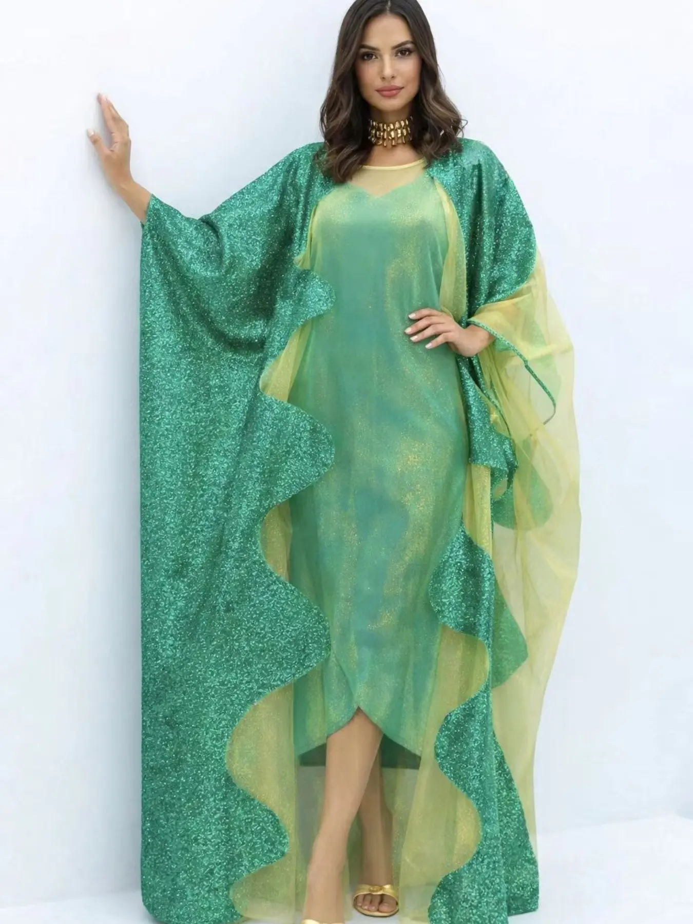 2-Piece Middle Eastern Brocade Dress Set, Belted Lining, African Dashiki Nigeria Bride Wedding Mesh Maxi Robe, Elegant Short Sleeve Design