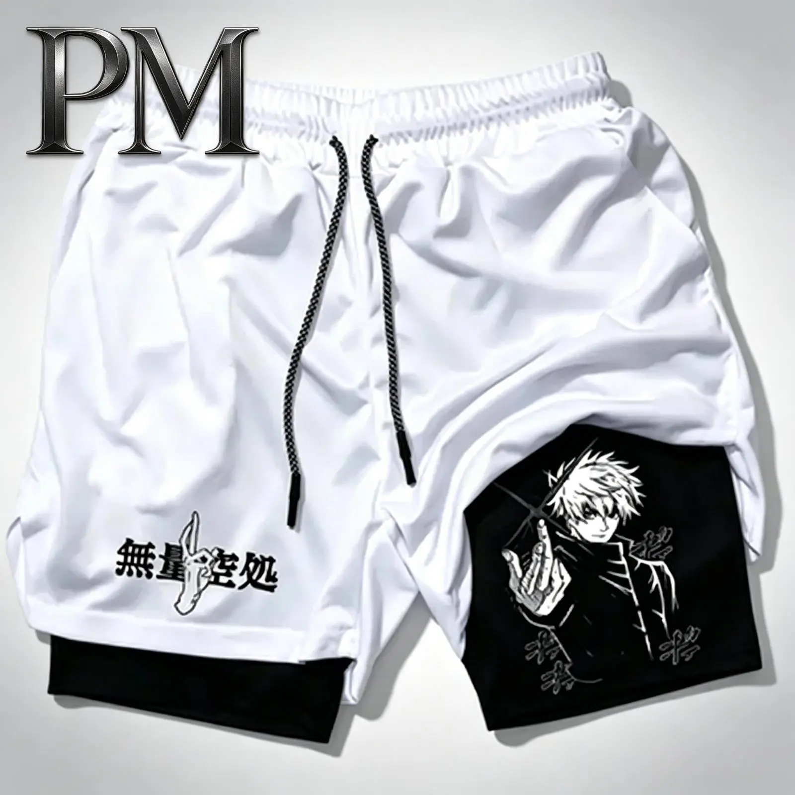 Men's Women's Anime Jujutsu Kaisen Gojo Satoru 2 In 1 Running Shorts Bilayer Quick Dry Compression Gym Athletic Sports Shorts Summer Workout Training Activewear Streetwear Casual Fitness Holiday Gift White Black