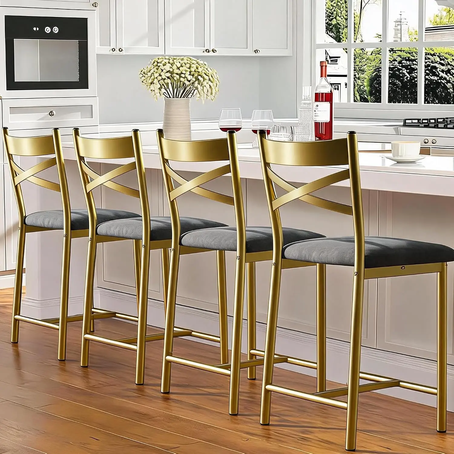 22" Bar Stools Set of 4, Metal Counter Height Bar Stools with Backs, Gold, Bar stools Set with Padded Seat, Thick Upholstered Cushion, Metal Dining Chairs for Kitchen Island, Bar, Dining Room