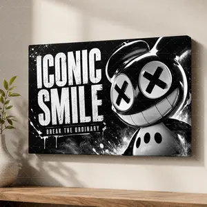 "Iconic Smile Black & White Canvas Art| Creepy Doll Face Print, Aesthetic Teen/Gaming Room Decor, Edgy Modern Statement Poster Gift",wall decor,poster.