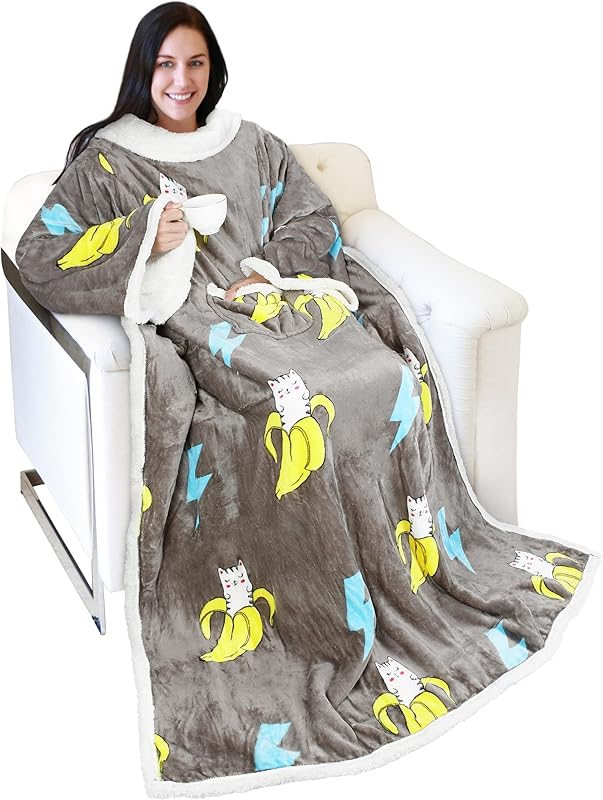 Catalonia Sherpa Wearable Blanket with Sleeves Arms, Comfy Sleeved TV Wrap Blanket, Large Snuggly Throw for Women and Men, Gift for Her