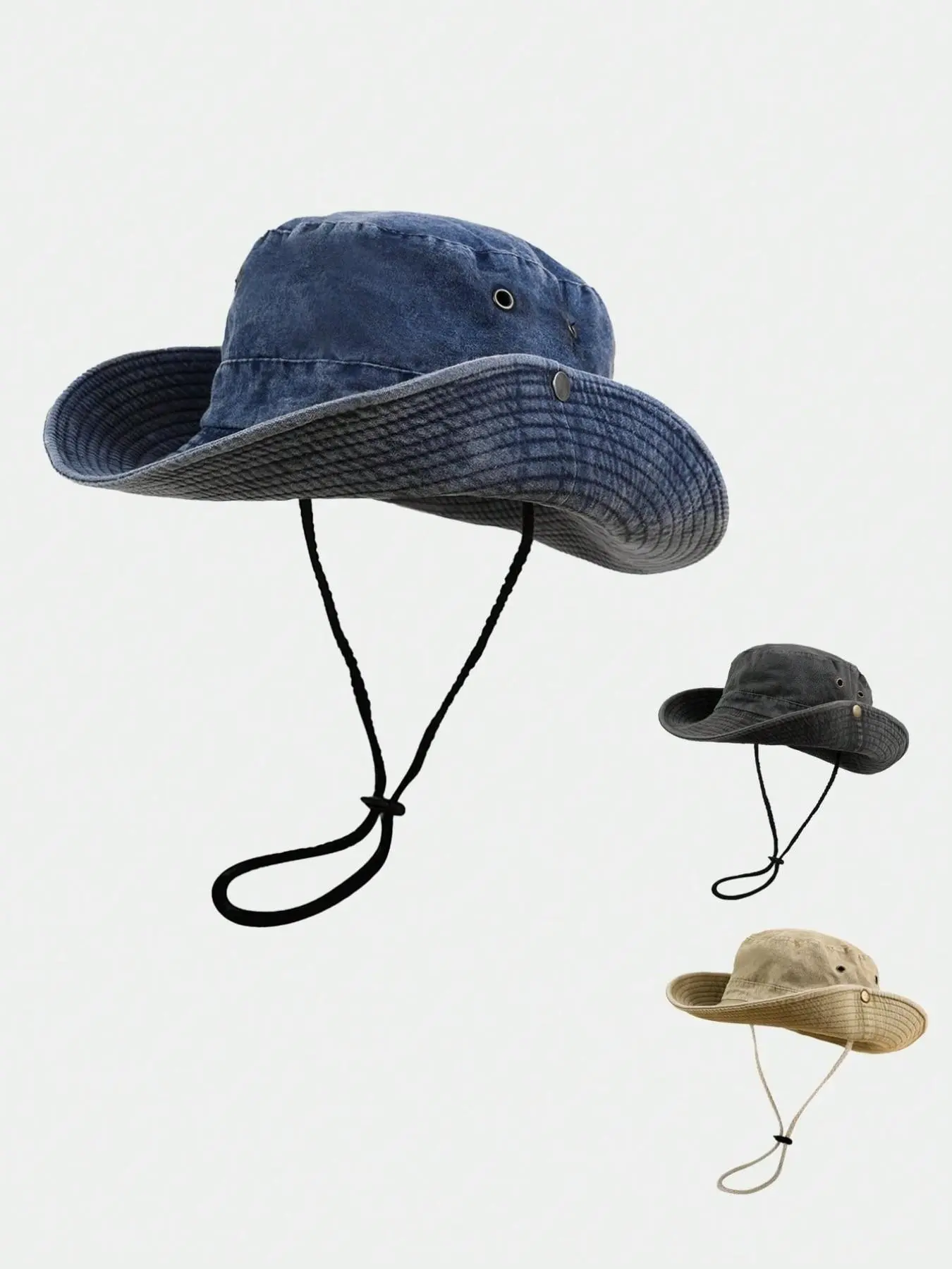 Washed Vintage Denim Fisherman Hat, Outdoor Windproof Rope, Wide Brim Sunshade Hiking Hat, Unisex, Perfect for All Seasons