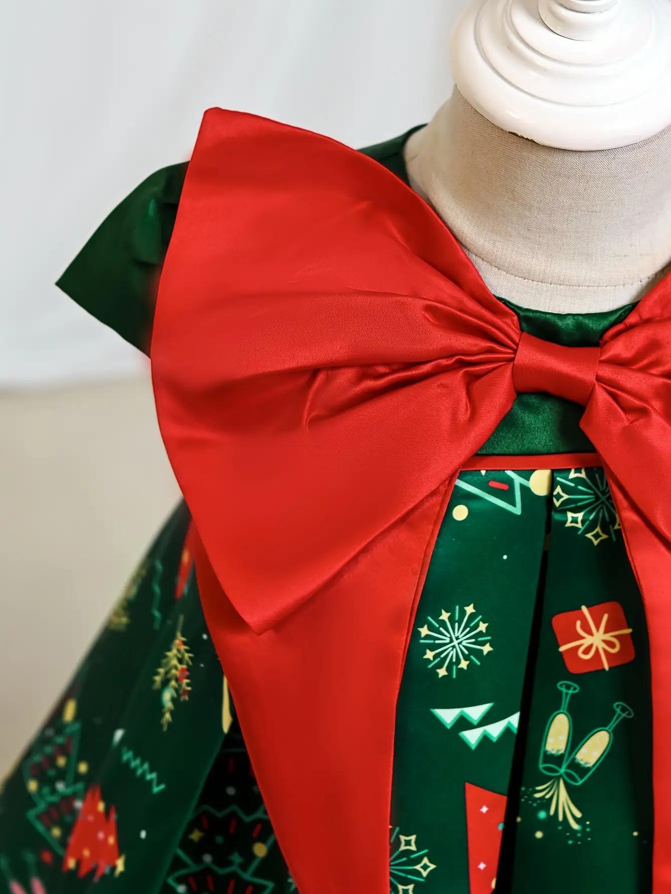 Girls' Christmas Party Dress with Red Bow & 3D Holly Berry Print - Green A-Line Short Sleeve Dress, Flared & Round Neck for Xmas Performances, Pageants, Photo Shoots - All-Season Outfit ( to)