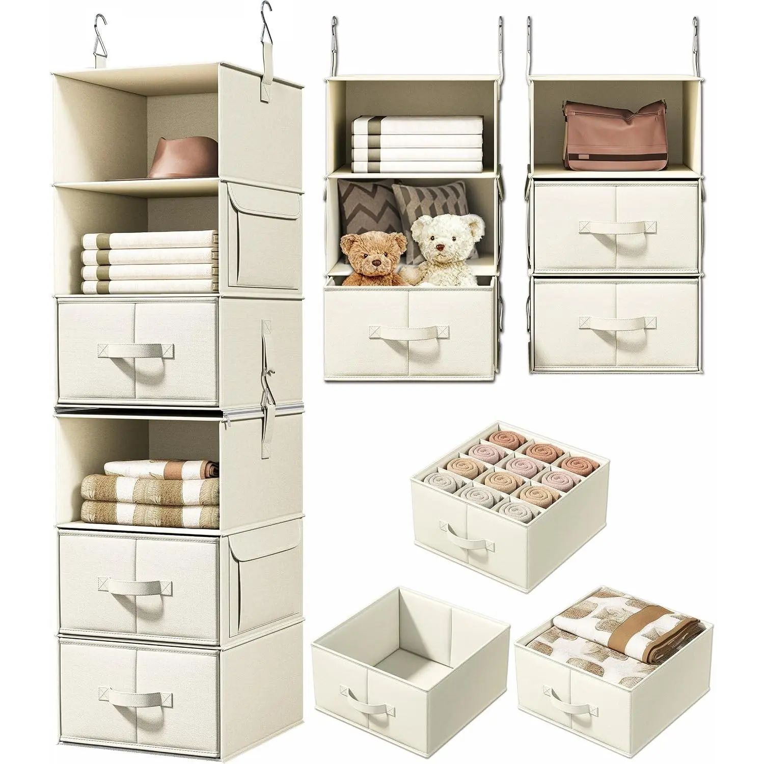 6-Shelf Hanging Closet Organizer with 3 Drawers, 2 Separable 3-Shelf Closet Organizers and Storage for Wardrobe Organization, Hanging Dresser for Nursury & Dorm Clothes Organizer, Beige