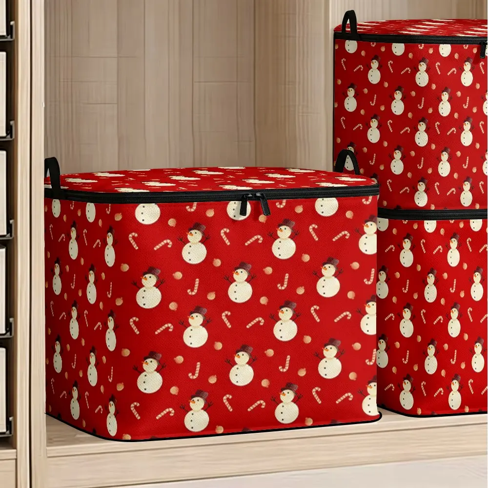 Non-woven Storage Box with Christmas Snowman and Candy Cane Print on Red Background, Zippered, Portable, Large-Capacity Dust-Proof Storage Bin, Foldable Moisture-Proof Storage Bag for Household Christmas Decorations, Blankets, Seasonal Clothes and Dolls