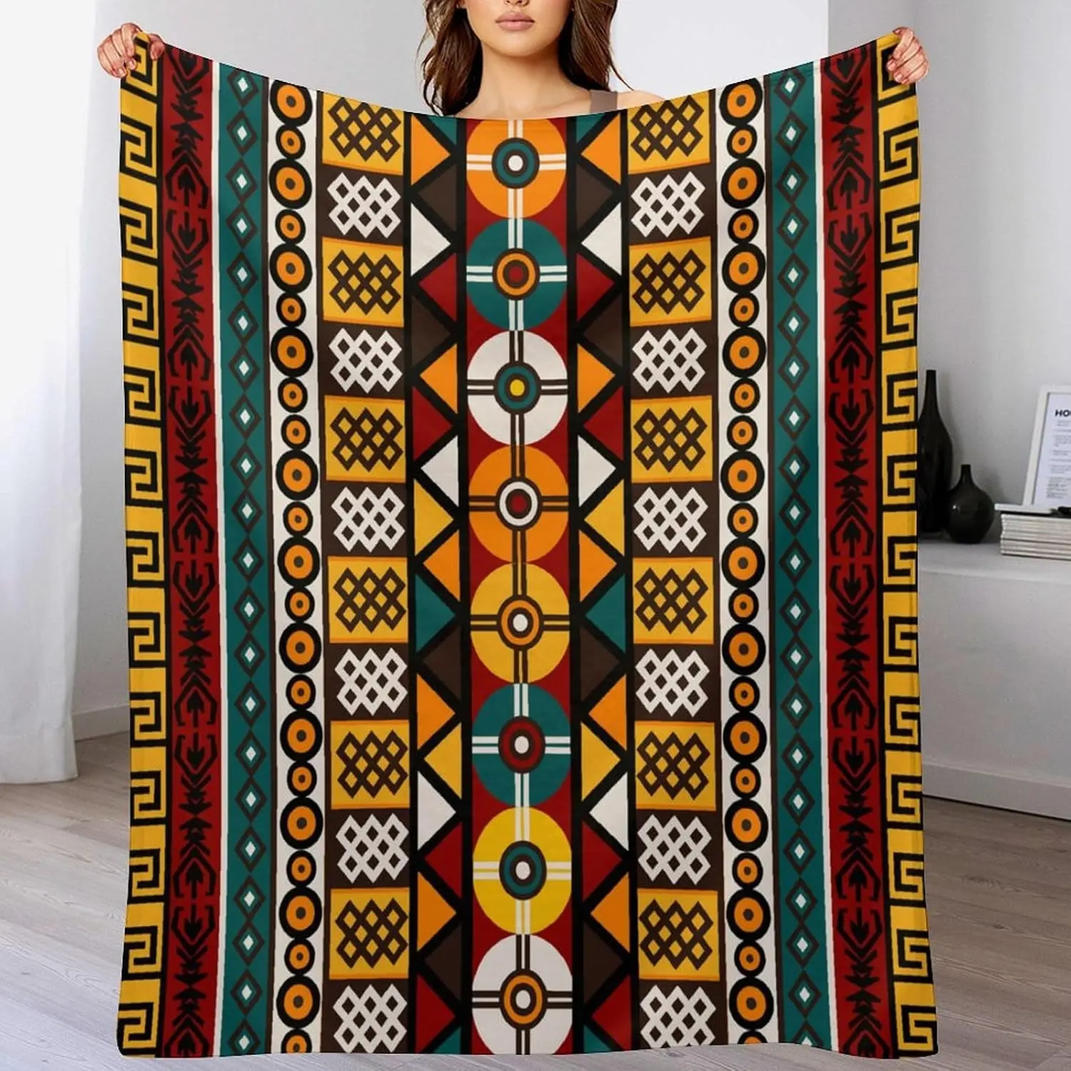 1PC Ancient African-style blanket with traditional colorful tribal geometric patterns, soft and cozy flannel blanket, perfect for sofas and beds, a gift for loved ones, men, women, and adults