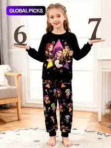 K-Pop Saja Boys Girls' Long Sleeve Top & Pants Set, Casual Loose-Fit Cartoon Print, All Seasons Home Wear, Trendy Youth Clothing
