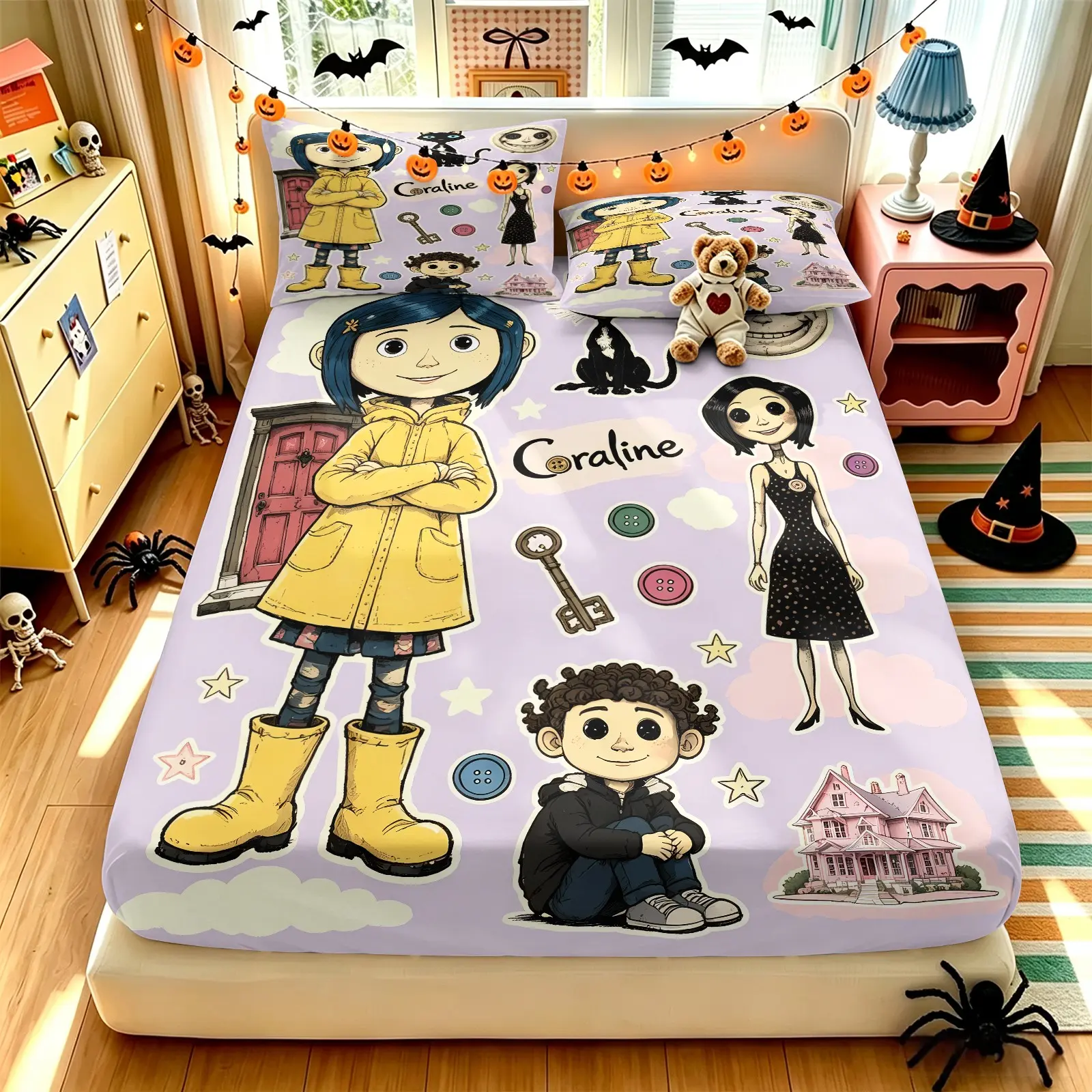 3Pcs Yellow Raincoat Girl-Coralin Button Eye Doll Halloween Fitted Sheet Set, Whimsical Sticker Prints, Unique Pattern Bedding, Elastic Deep Pocket, Firm & Non Slip, 1 Fitted Sheet+ 2 Pillowcases, Teen Holiday Decor, Gift For Fantasy Tale Lovers