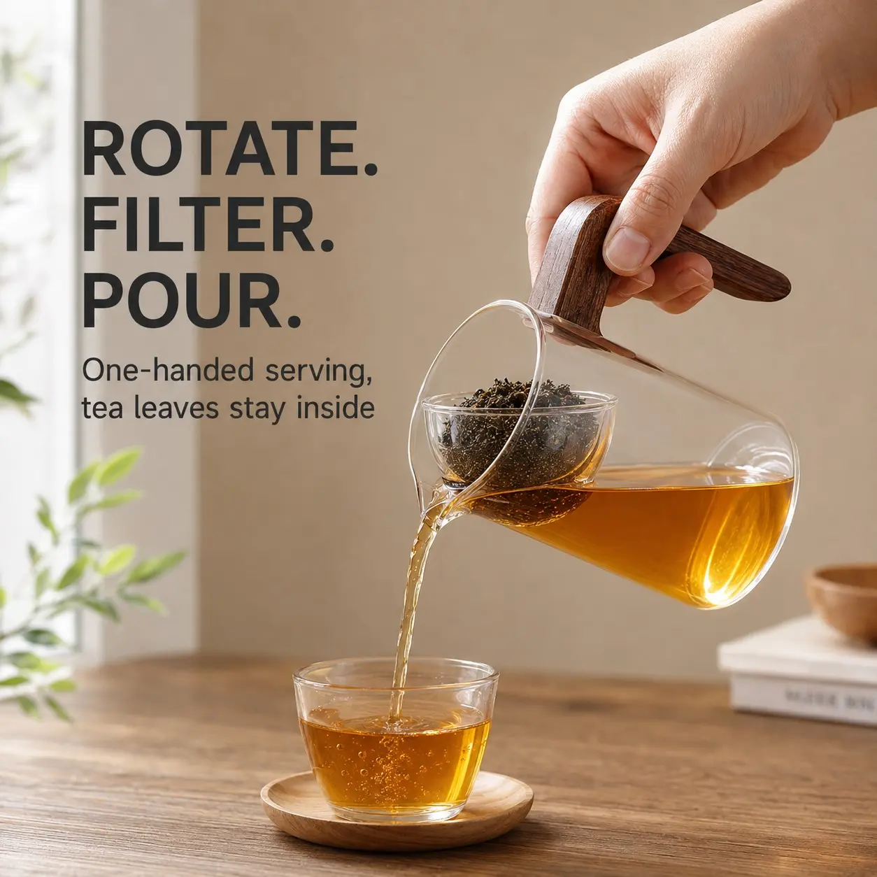 350ML High Borosilicate Glass Teapot, Modern Minimalist Design, Detachable Filter Cup, Walnut Wood Handle, Ideal for Tea Lovers